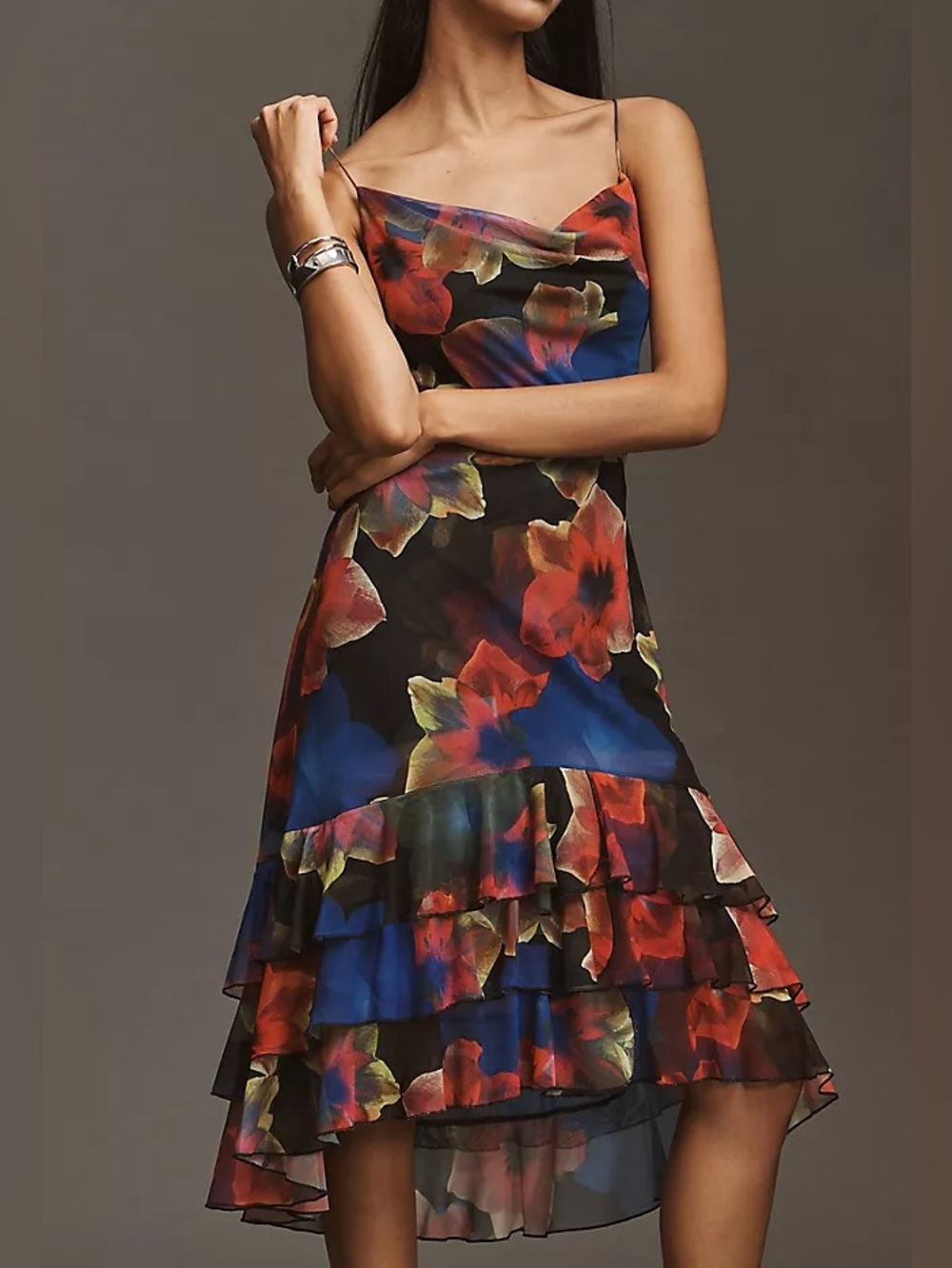 Anthropologie Cowl Neck High Low Dress NEW XL Floral Blue Black Cocktail Resort